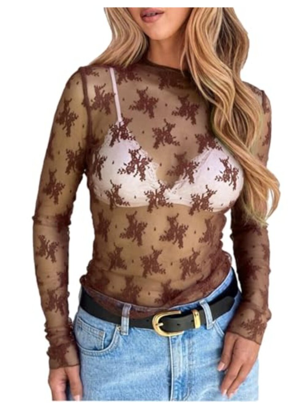 Sheer Mesh Lace Long Sleeve Mock Neck Blouse Layering Top